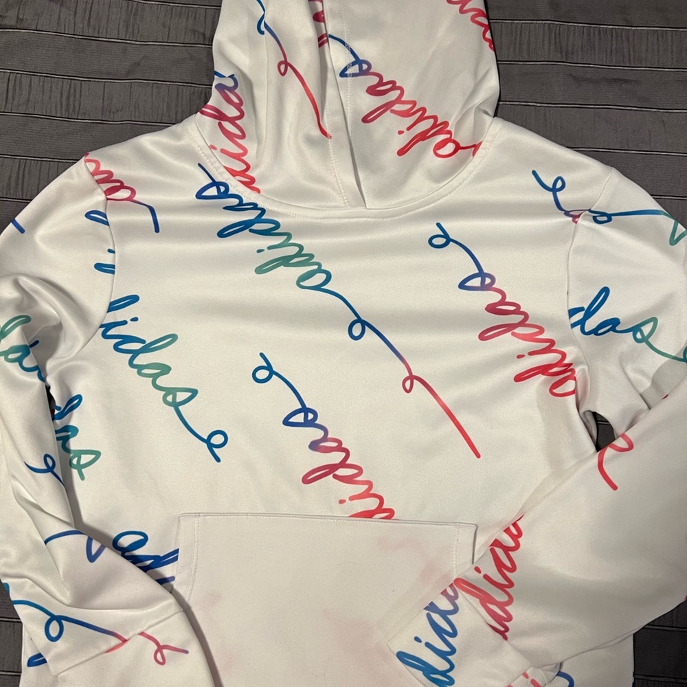 Adidas White Hoodie with Colorful Script